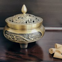 Copper censer | Intricate carved patterns | Three-Legged Design | Comes with 1 copper gourd holder photo 6