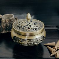 Copper censer | Intricate carved patterns | Three-Legged Design | Comes with 1 copper gourd holder photo 8