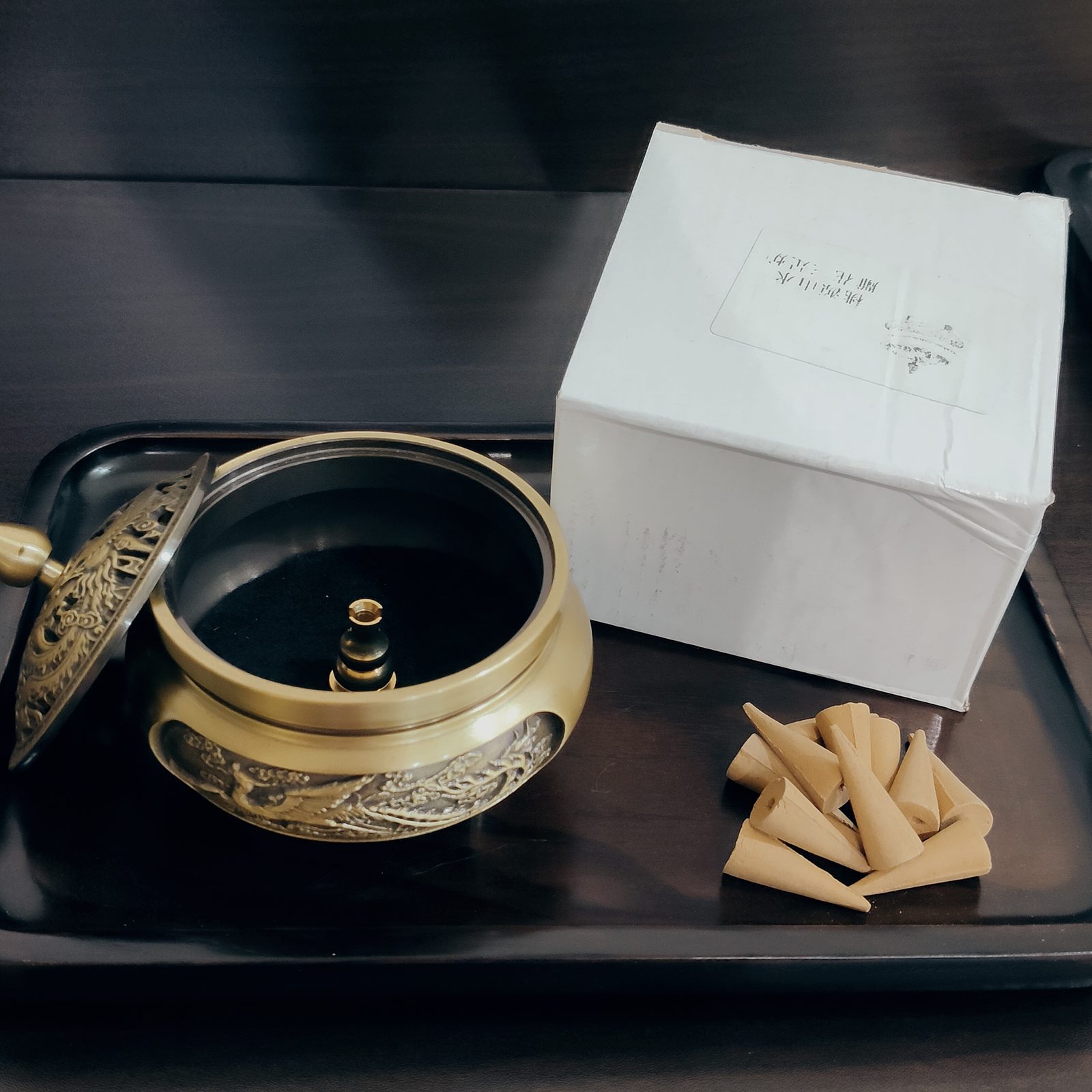 3-legged brass censer with brass gourd holder